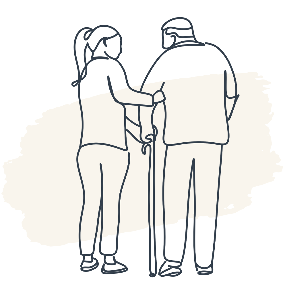 Drawing of a woman helping an older man walk