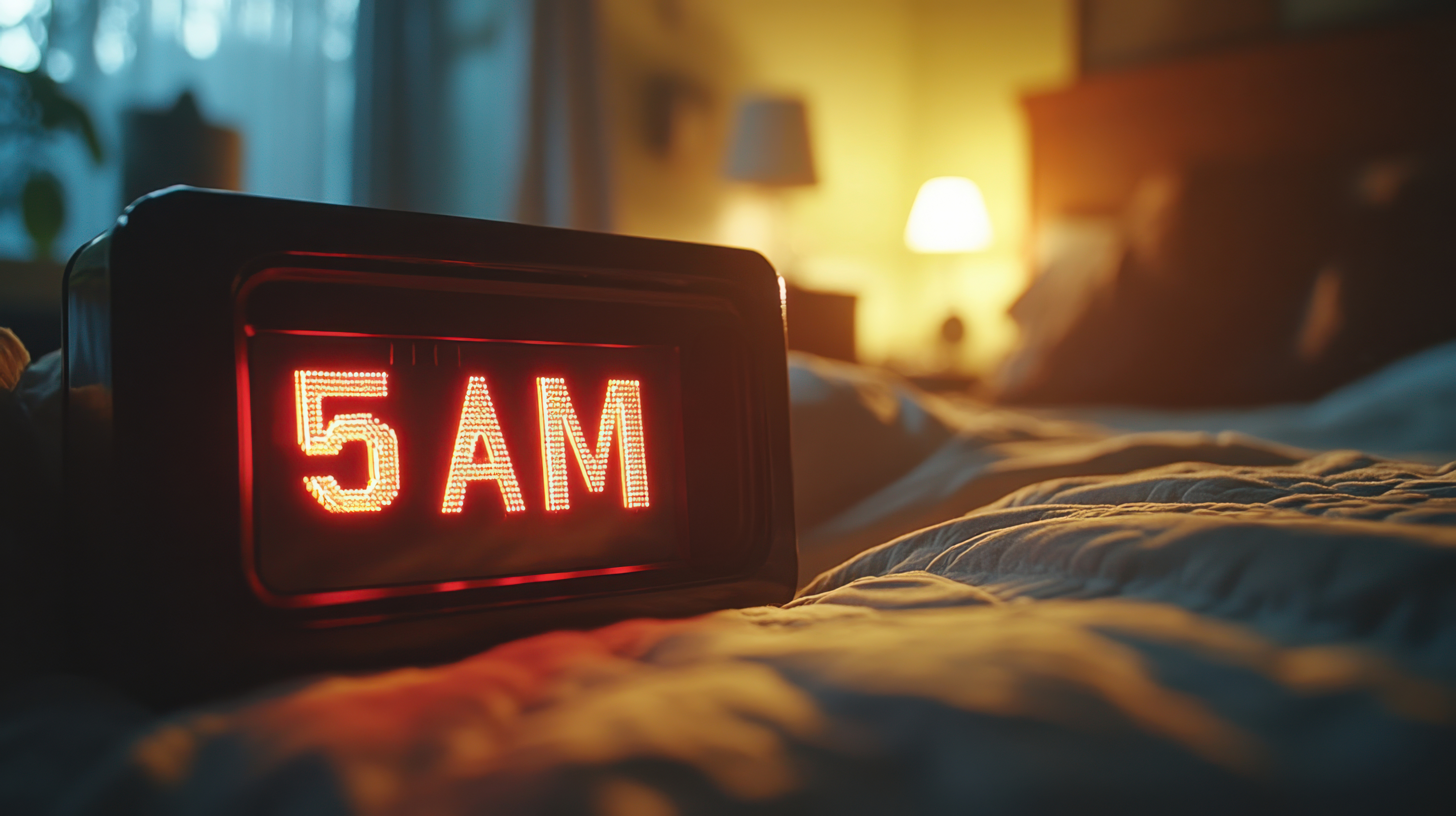 Digital dementia clock displaying 5 AM in a softly lit bedroom – dementia clocks help elderly parents with memory loss or confusion clearly identify the time of day, supporting routine and reducing anxiety.