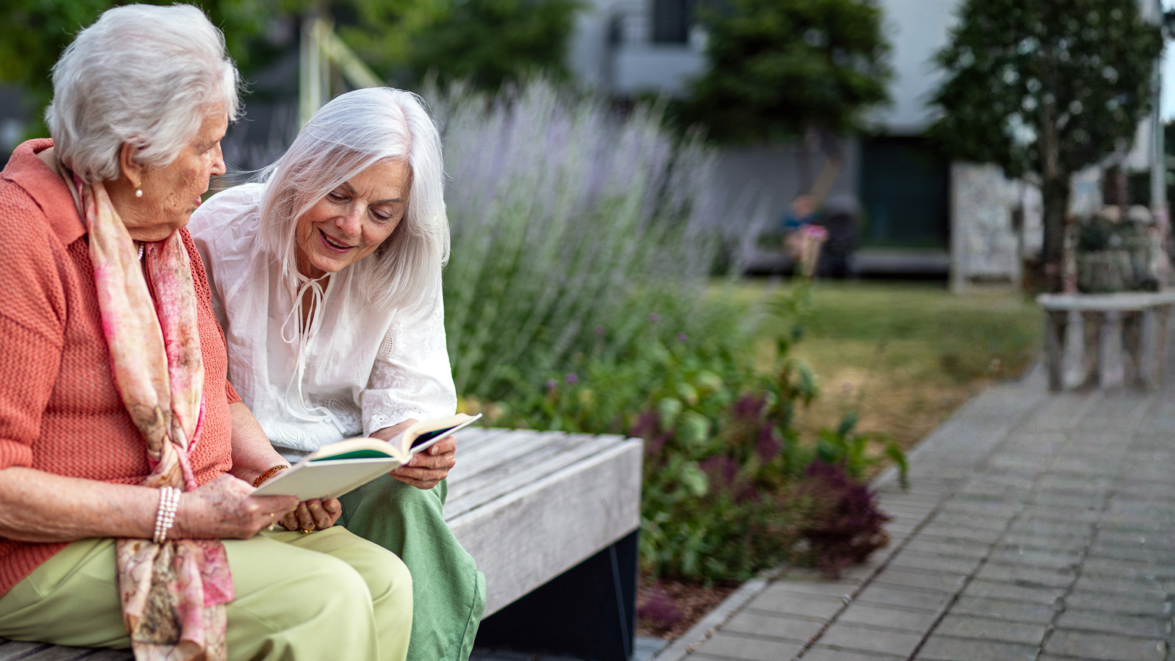 Carent and parent sitting on a bench outside and looking at a book