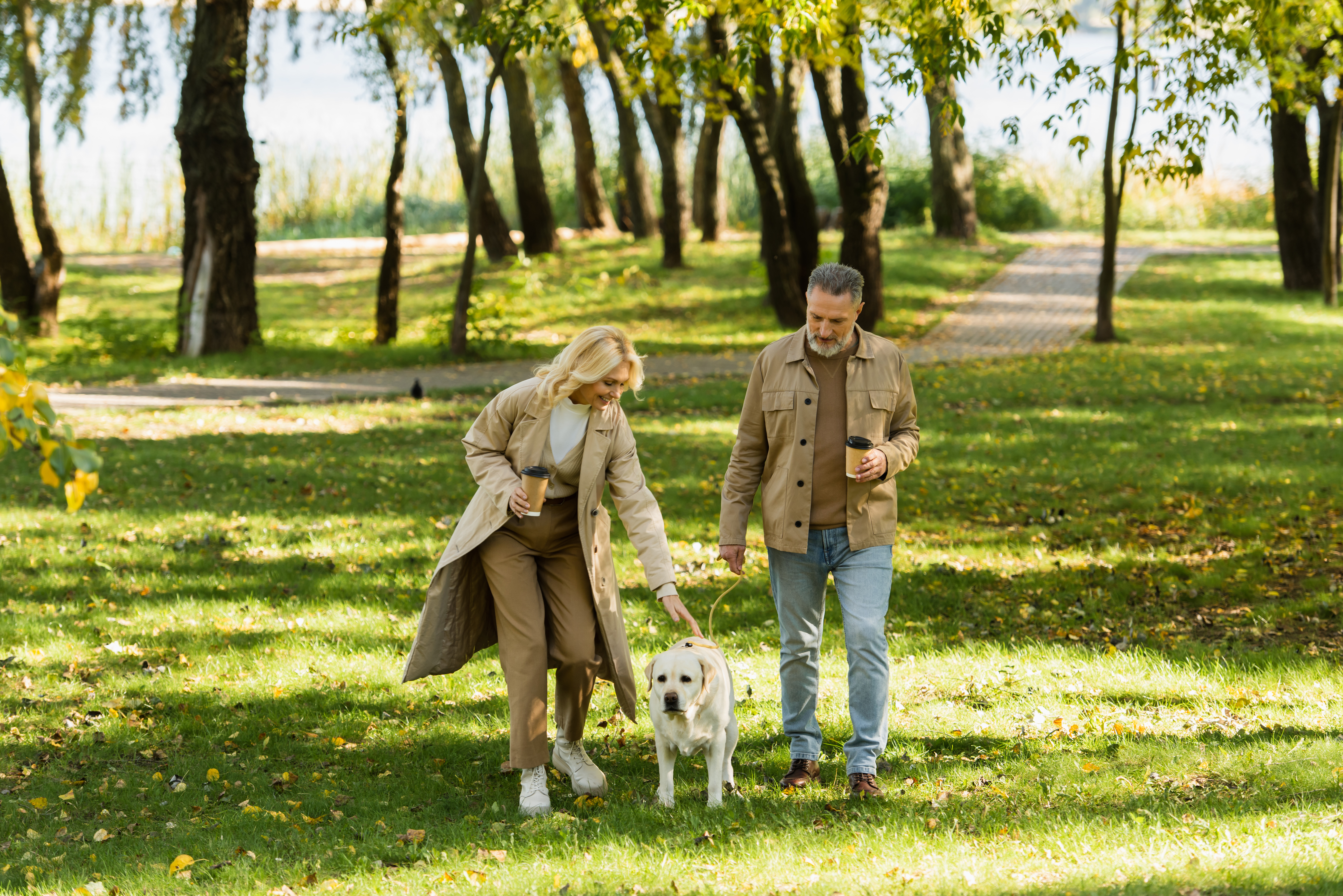 Taking a Break: Carents Enjoying Time Outdoors – A mature couple enjoys a peaceful walk in a lush green park, holding coffee cups while walking their golden retriever. A reminder of the importance of fresh air, companionship, and personal wellbeing for those supporting an ageing parent.
