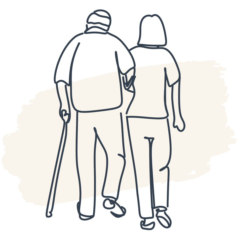 Illustration of a man and a woman walking away. The man has a cane and has his arm linked with the woman's